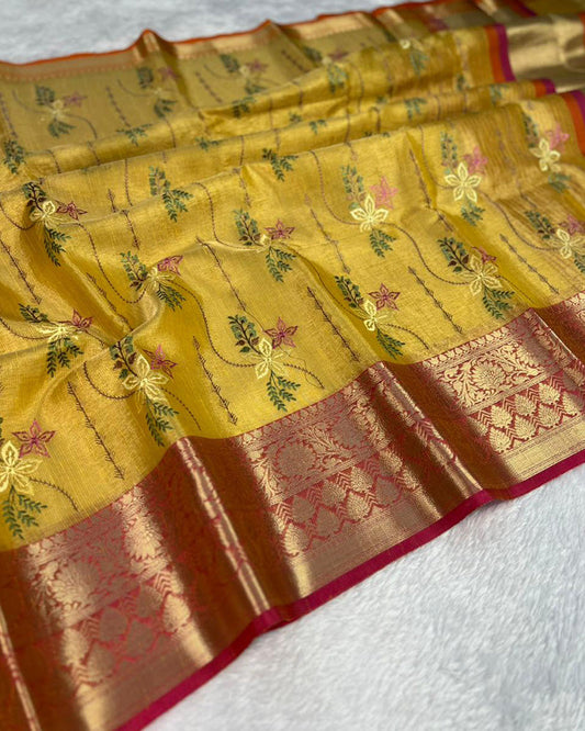 Yellow Color Tissue Silk Floral Embroidered Saree