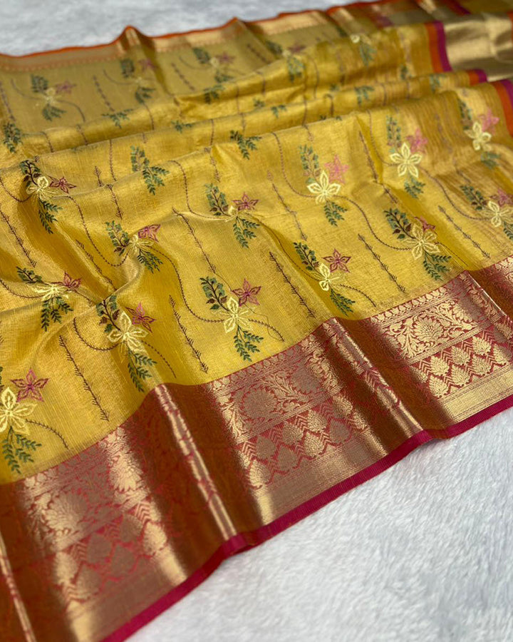 Yellow Color Tissue Silk Floral Embroidered Saree