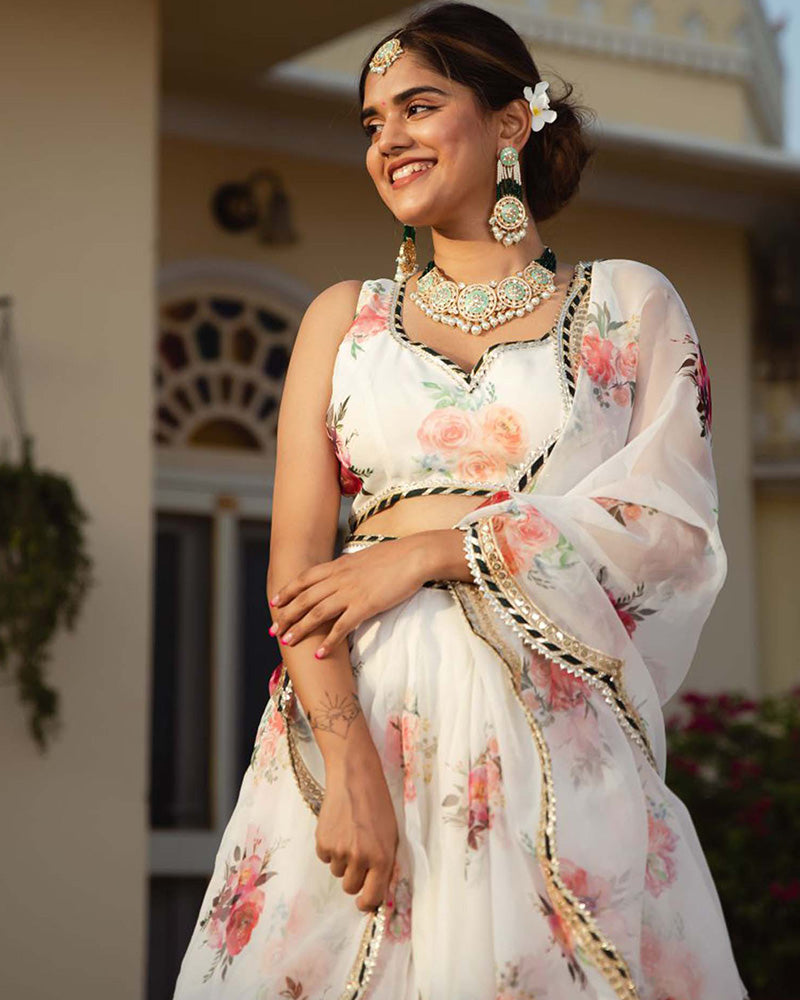 White Color Organza Floral Lehenga Choli