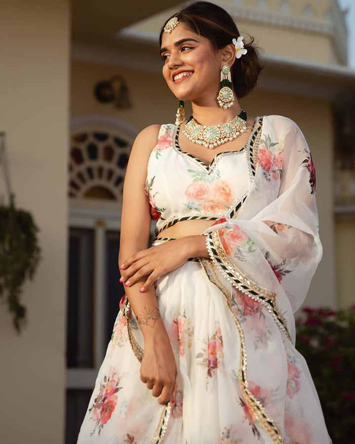White Color Organza Floral Lehenga Choli