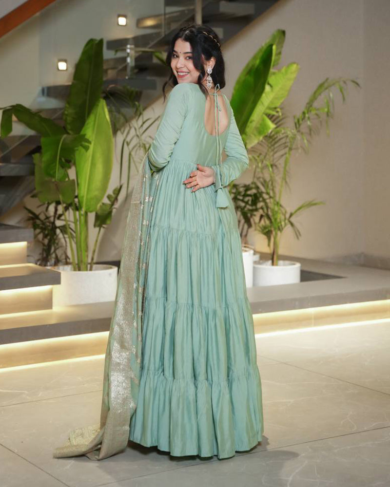 Pista Color Roman Chanderi Silk Ruffle Style Anarkali Suit