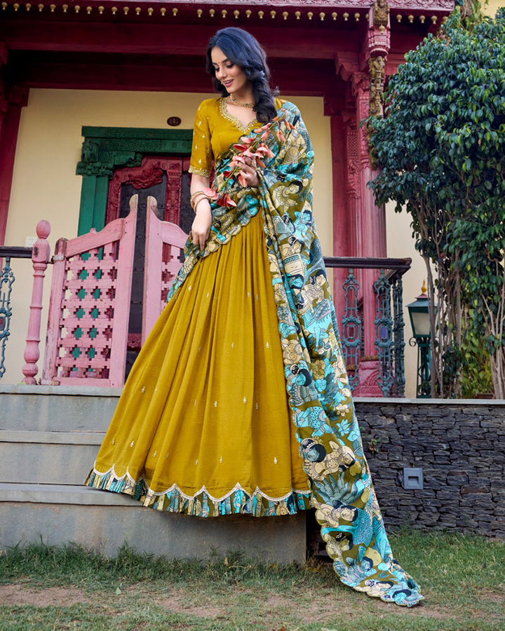 Designer Mustard Color Vichitra Silk Embroidered Lehenga Choli