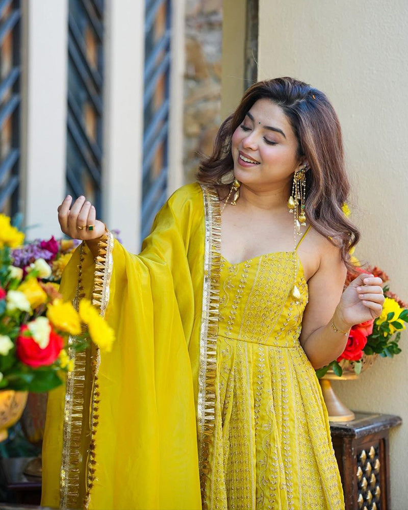 Yellow Color Tebby Organza Embroidered Sharara Suit
