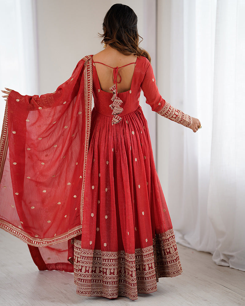 Rust Color Crunchy Silk Embroidered Gown