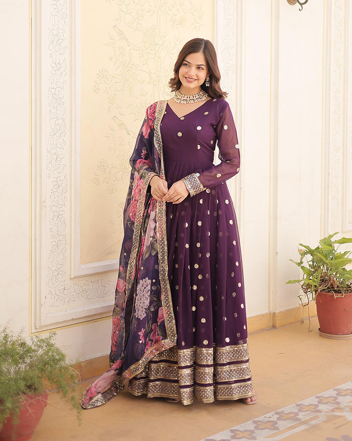 Beautiful Wine Color Sequence Embroidered Anarkali Gown