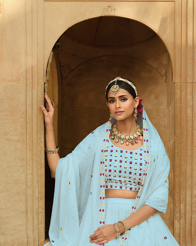 New Design Sky Blue Color Georgette Lehenga Choli
