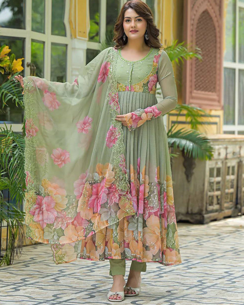 Pista Color Faux Georgette Printred Anarkali Suit