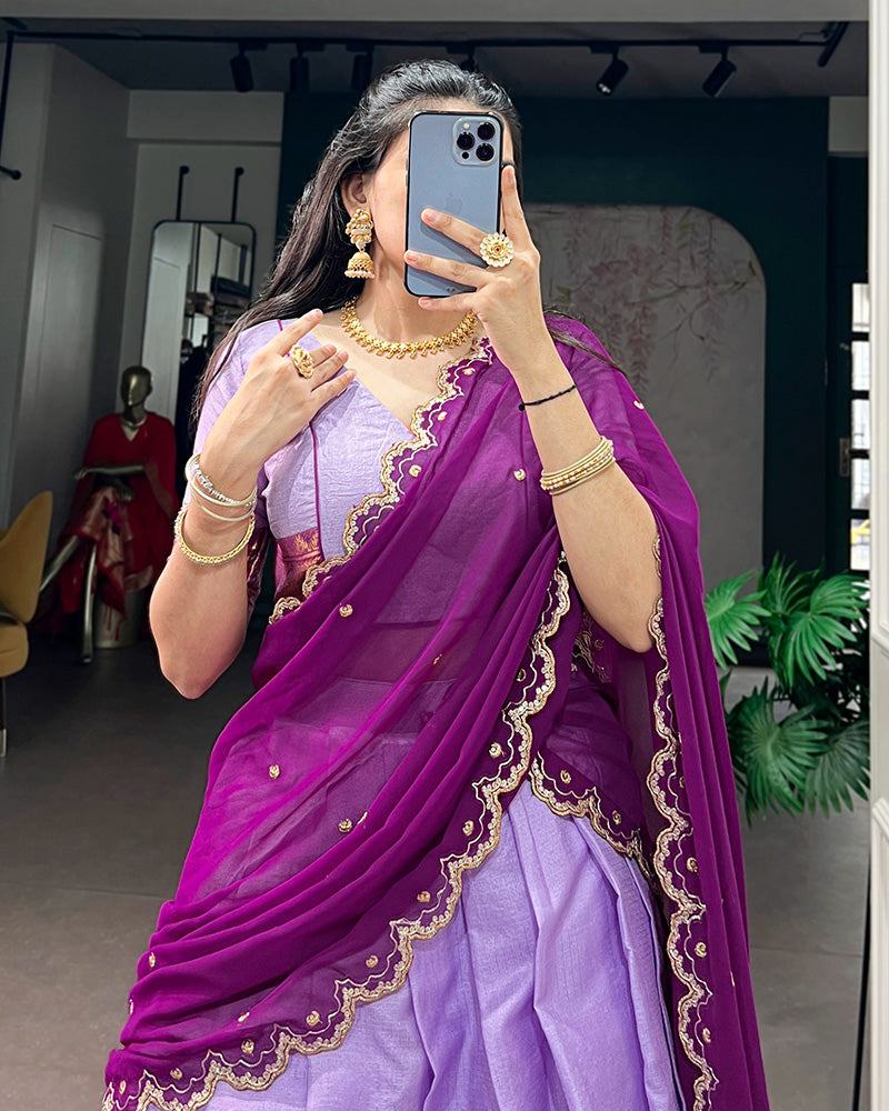 Luvender Color Cotton Silk Designer Half Saree