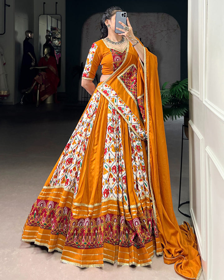 Mustard Color Rayon Printed Gamthi Work Navratri Lehenga Choli