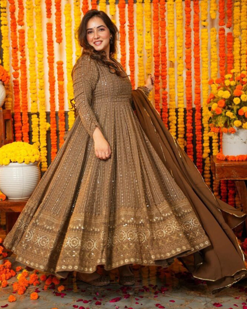 Brown Color Pure Georgette Embroidered Gown