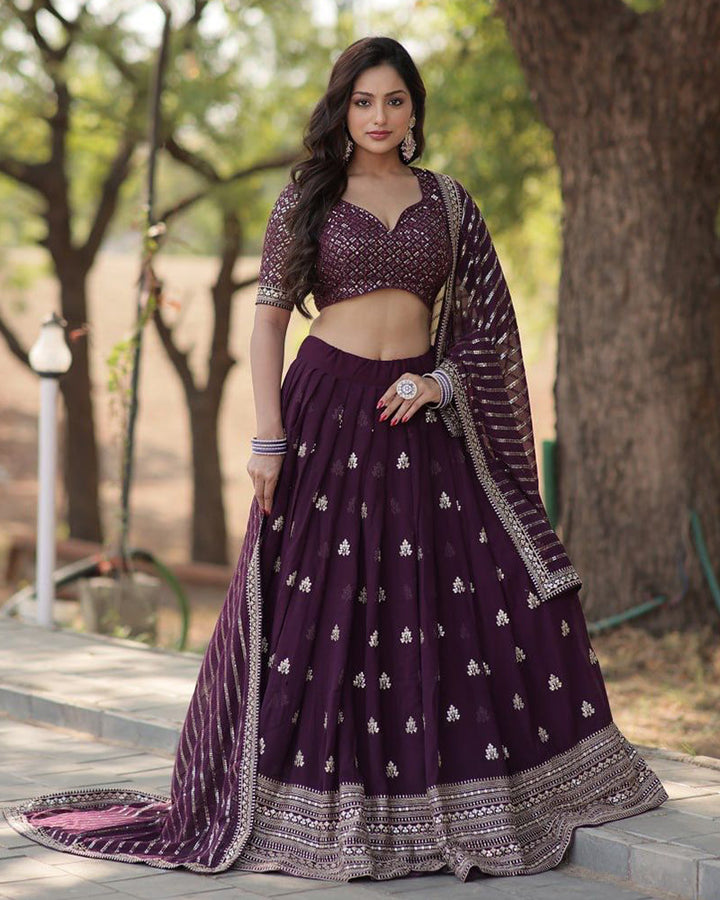Designer Wine Color Georgette Lehenga Choli With Embroidered Dupatta