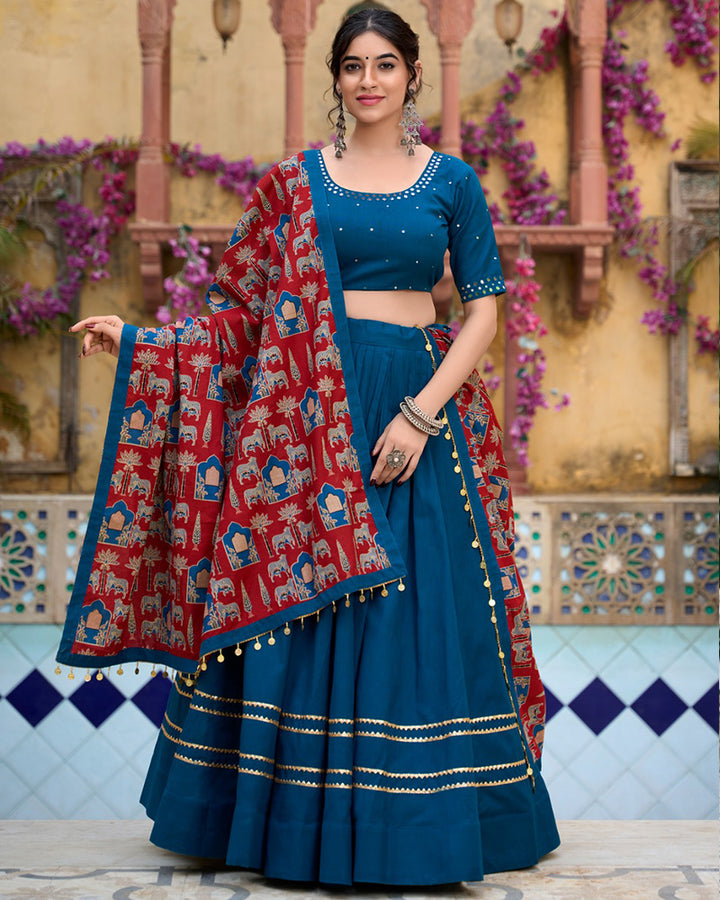 Designer Firozi Color Cotton Navratri Lehenga Choli