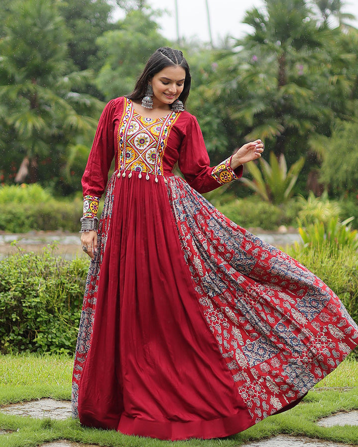 Navratri Special Maroon Color Reyon Gamthi Style Gown