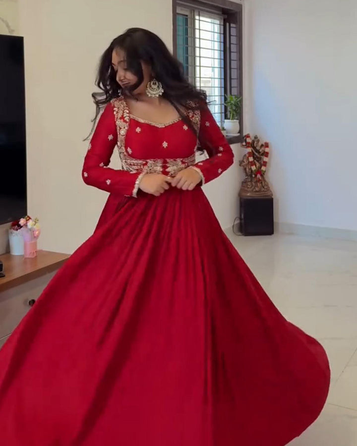 Red Color Pure Chinon Embroidered Three Piece Anarkali Suit