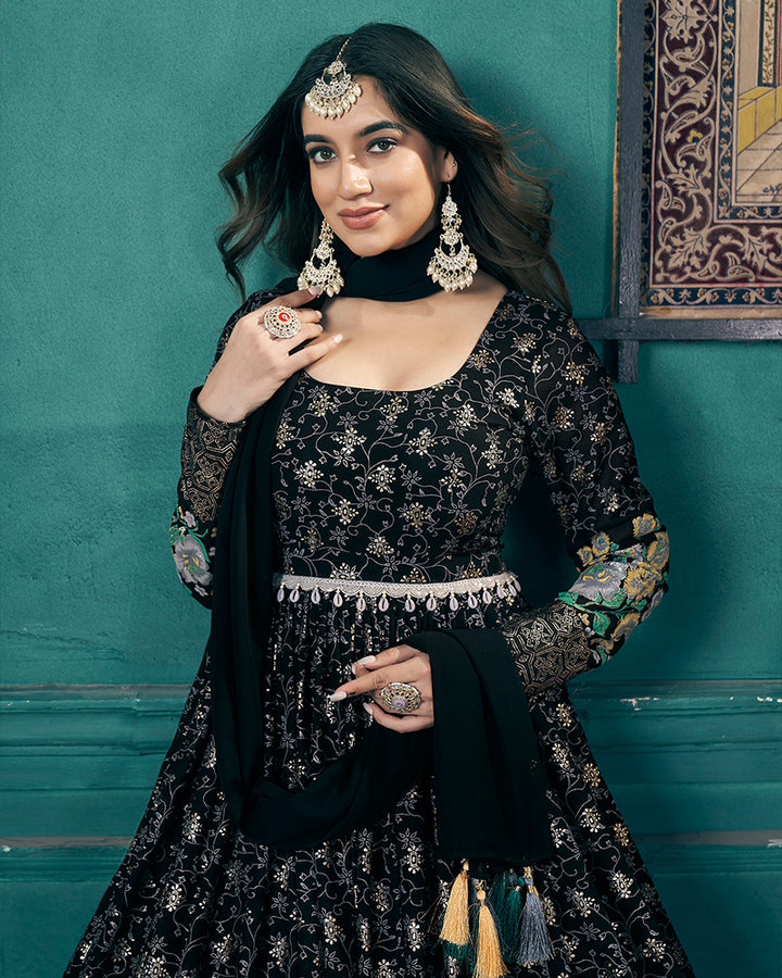 Beautiful Black Color Georgette Gown With Dupatta