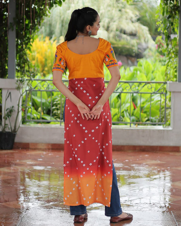 Navratri Special Rust Orange Color Rayon Kutchi Work Kurti