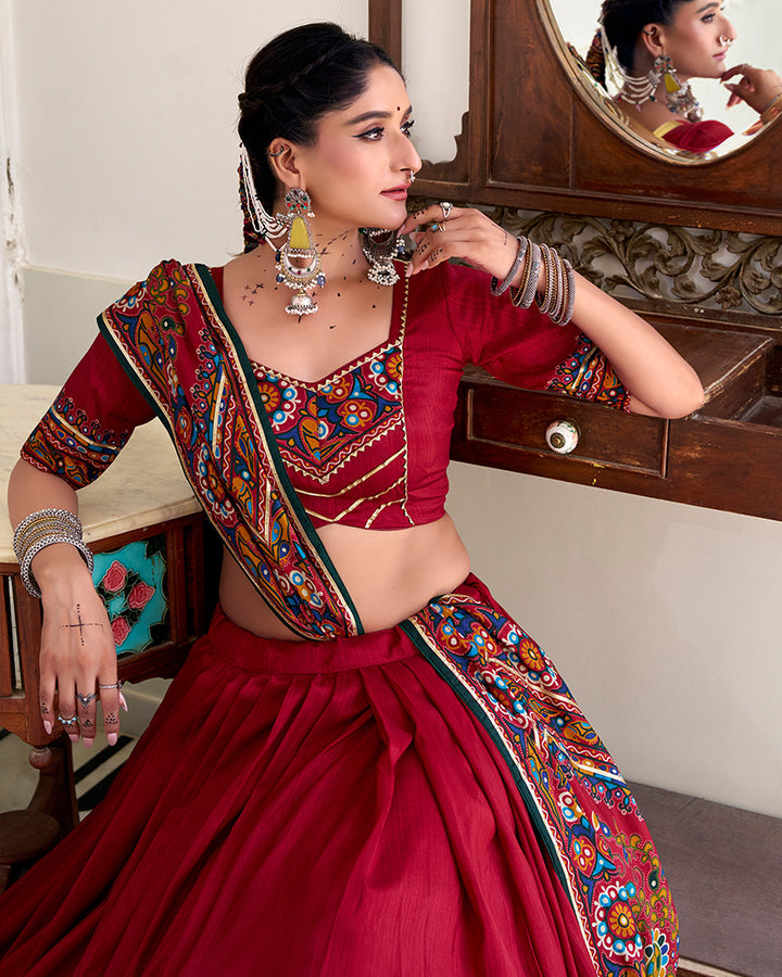 Red Color Tasar Silk Gamthi Printed Navratri Lehenga Choli