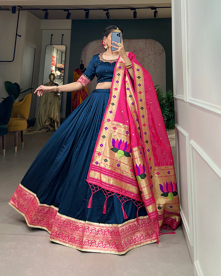 Navy Blue Color Vichitra Silk Paithani Lehenga Choli