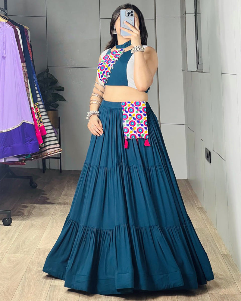 Traditional Rama Color Frilled Style Navratri Lehenga