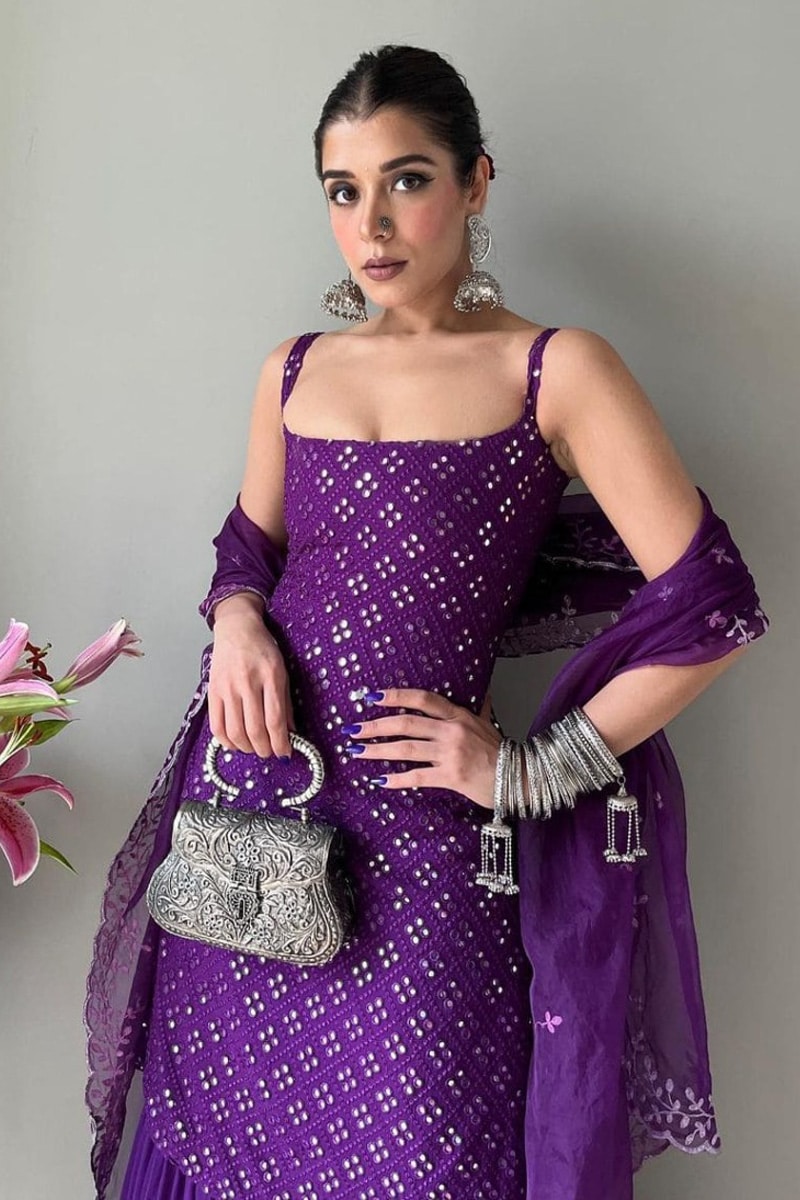 Purple Sequence Work Three Piece Sharara Suit