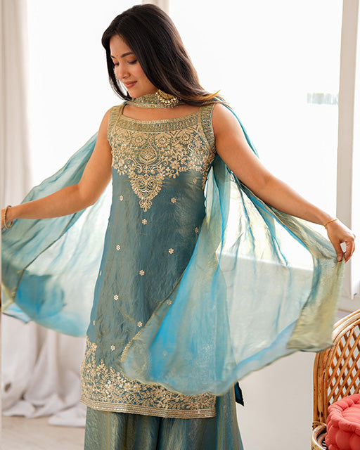 Dusty Blue Color Fendi Silk Embroidered Sharara Suit