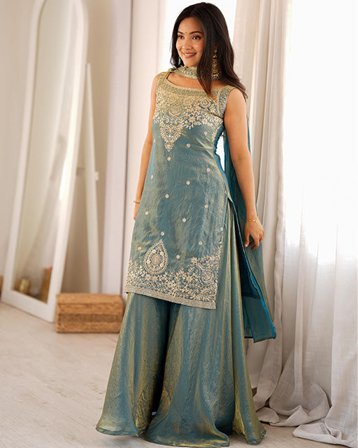 Dusty Blue Color Fendi Silk Embroidered Sharara Suit