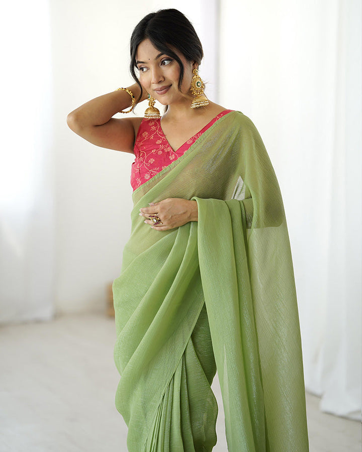 Pista Green Color Sparkle Silk Pre Draped Saree