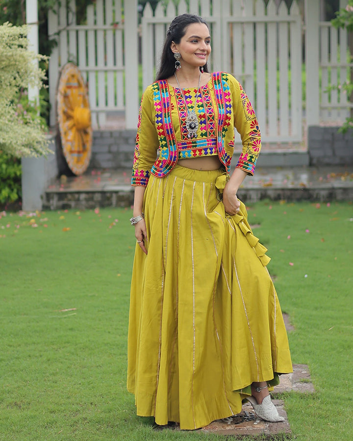 Lime Green Traditional Mirror Work Lehenga With Jacket Style Top