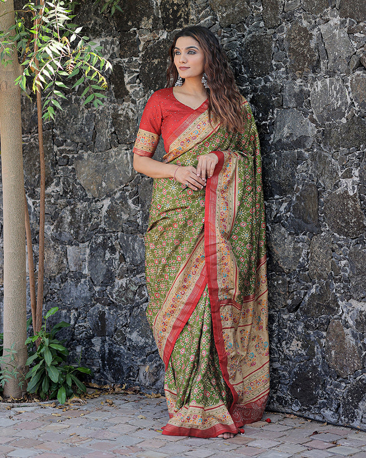 Mehndi Color Foil Print Stone Work Dola Silk Saree