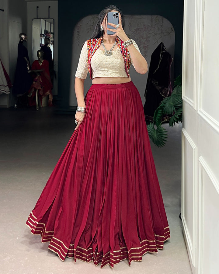 Maroon Color Rayon Gamthi Style Navratri Lehenga Choli