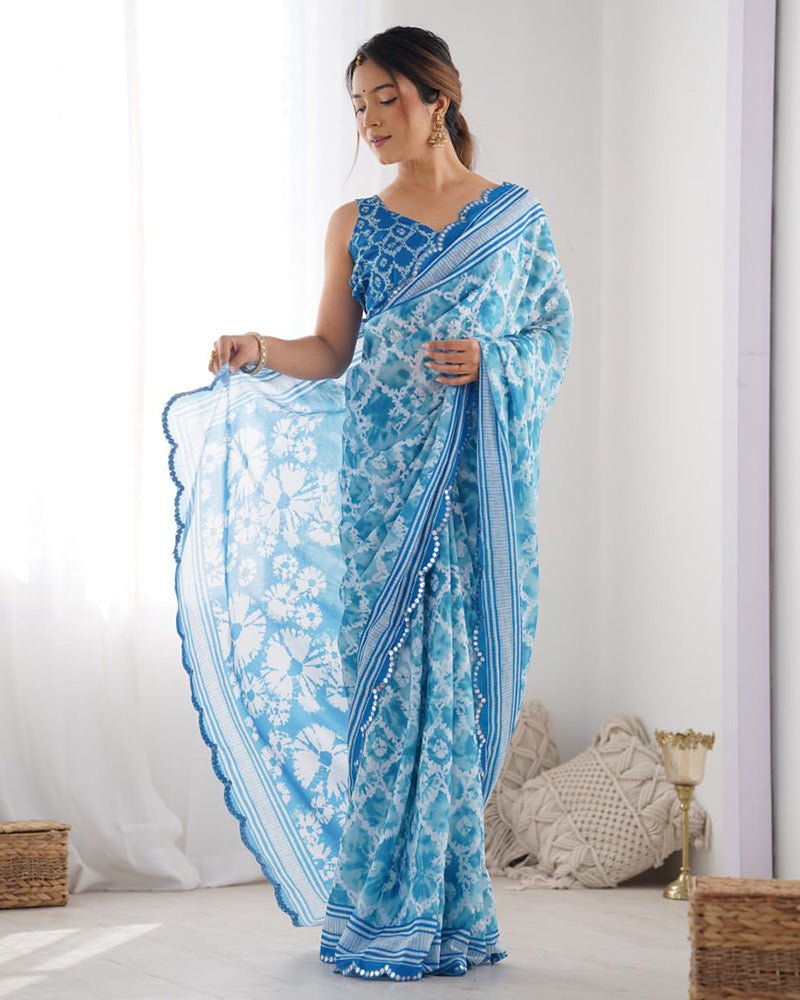 Sky Blue Color Chinnon Silk Printed Saree