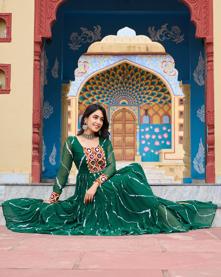 Navratri Special Green Color Faux Georgette Laheriya Print Gown