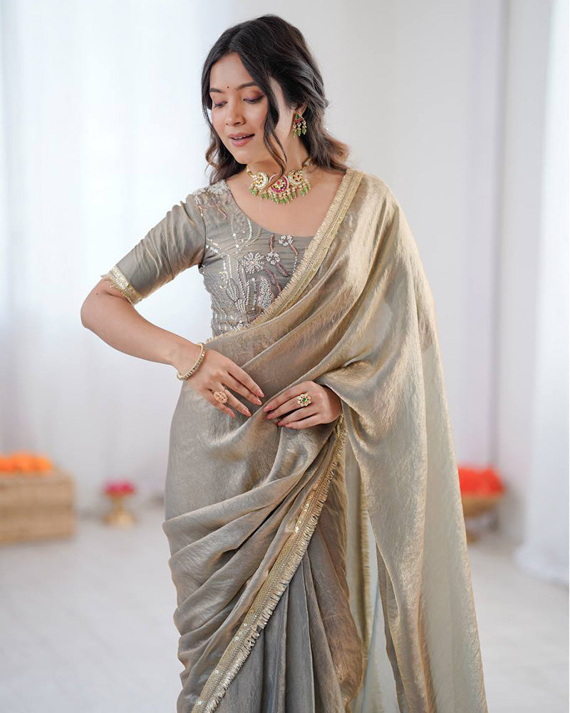 Dusty Grey Color Fendi Silk Pre Draped Saree
