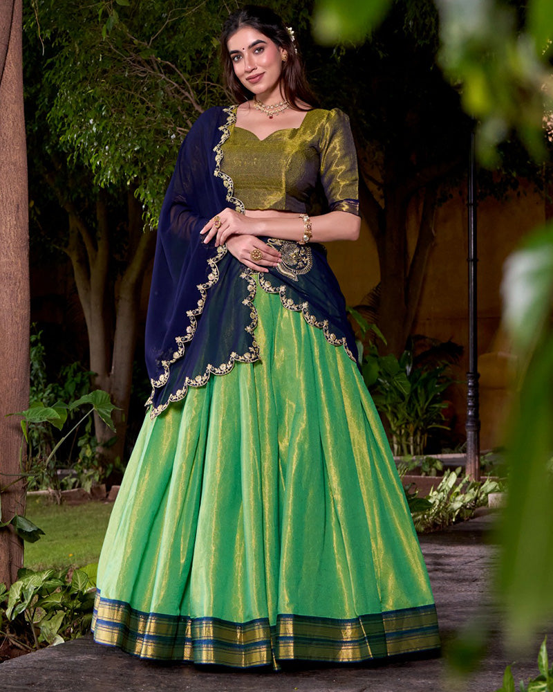Designer Pista Color Kanchipuram Zari Weaving Half Saree