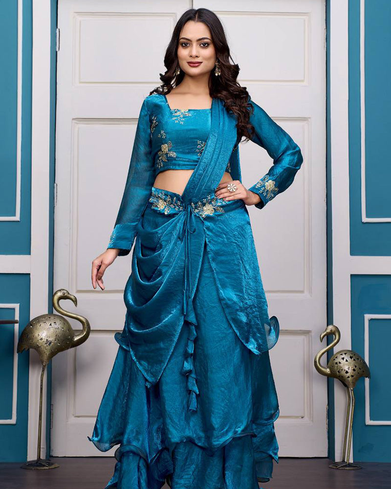 Teal Blue Color Fendy Satin Silk Embroidered Lehenga Choli