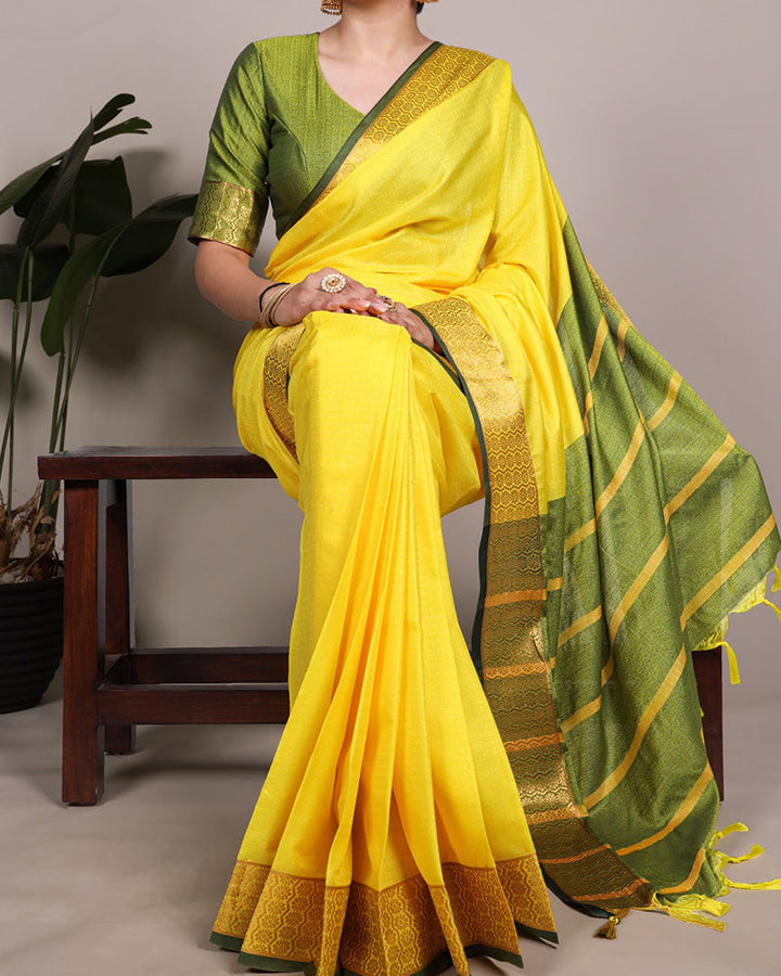 Yellow Color Zari Weaving Poly Cotton Saree