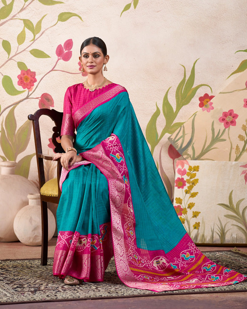 Firozi Color Patola Print Tussar Chex Saree