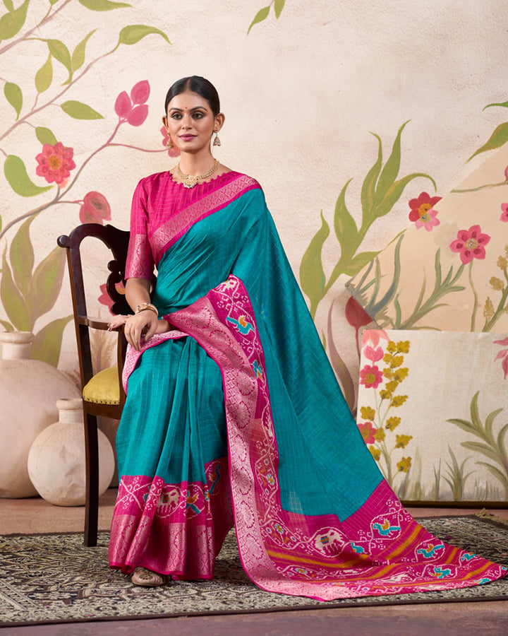 Firozi Color Patola Print Tussar Chex Saree