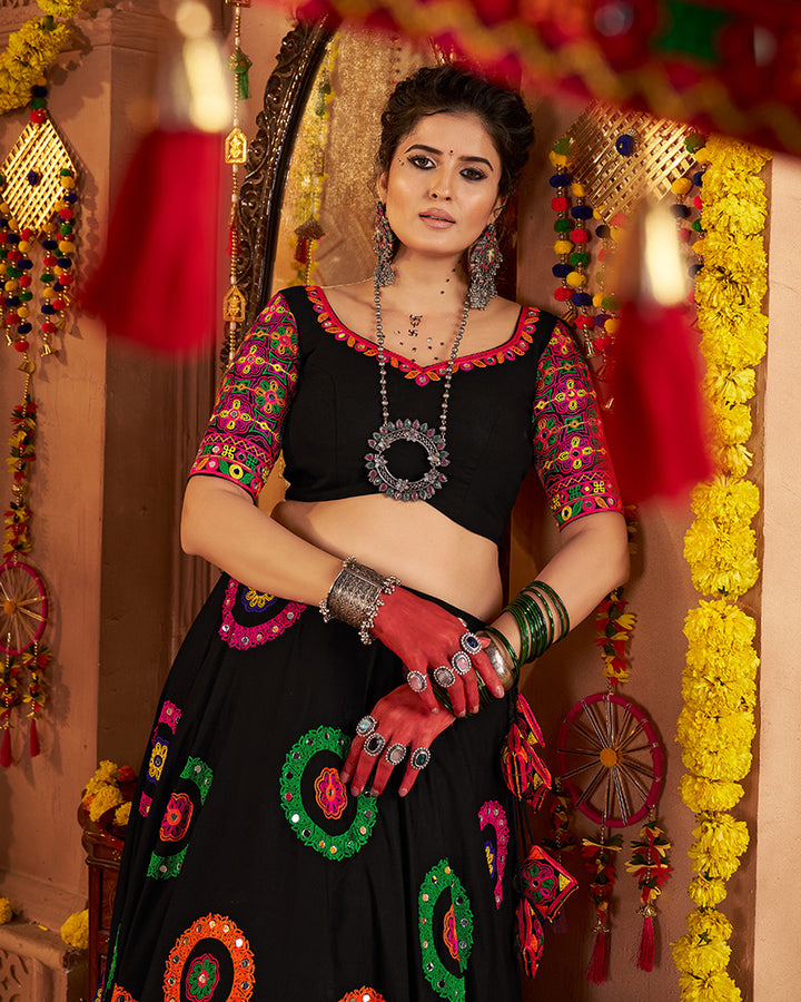 Black Traditional Choli With Colorful Embroidery And Mirror