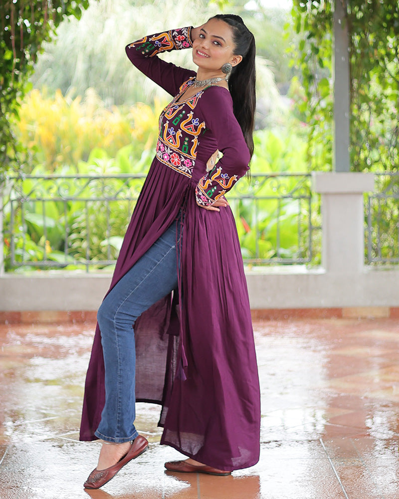 Navratri Wear Wine Color Rayon Kutchi Work Kurti