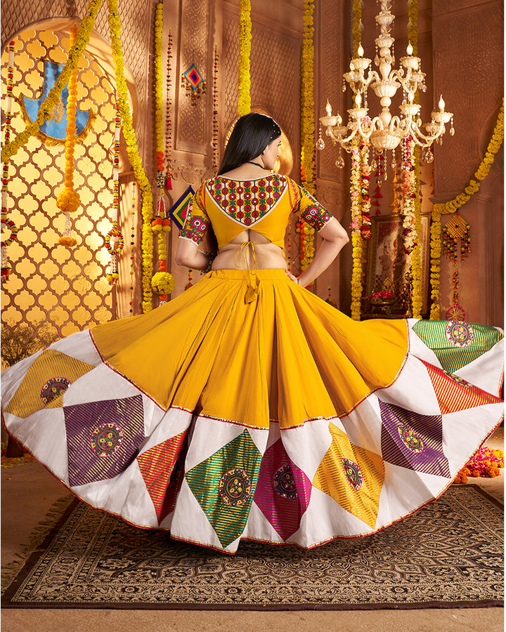 Traditional Mustard Yellow Color Mirror Work Navratri Lehenga Choli