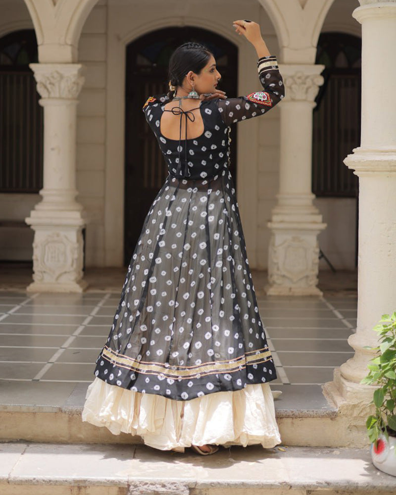 Black Bandhani Print Gamthi Jacket Choli With Off-White Flared Lehenga