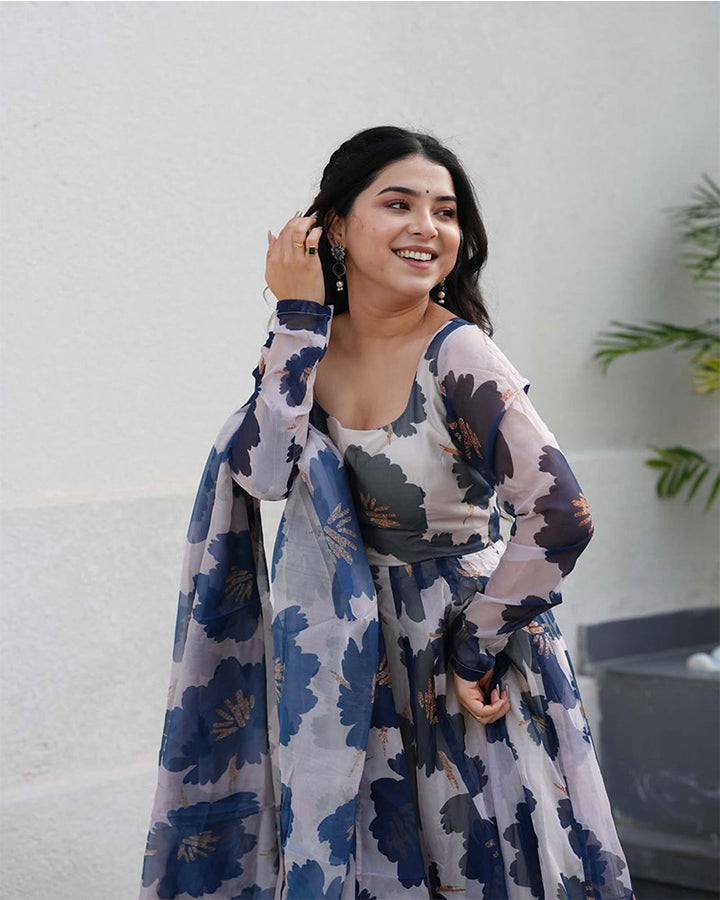 Blue Color Tabby Organza Three Piece Anarkali Suit