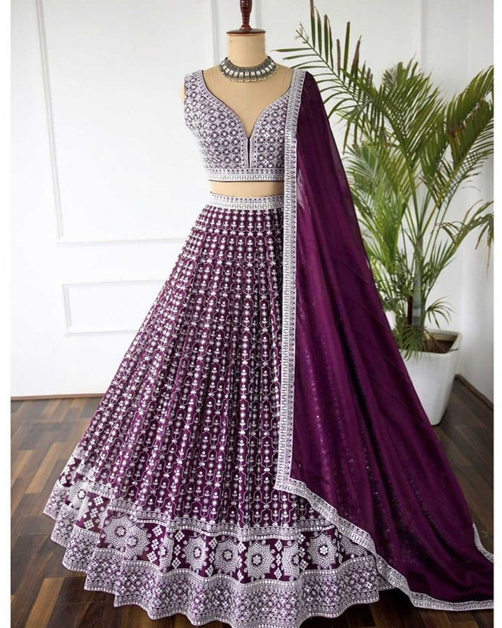 Wedding Wear Purple Color Georgette Embroidered Lehenga Choli