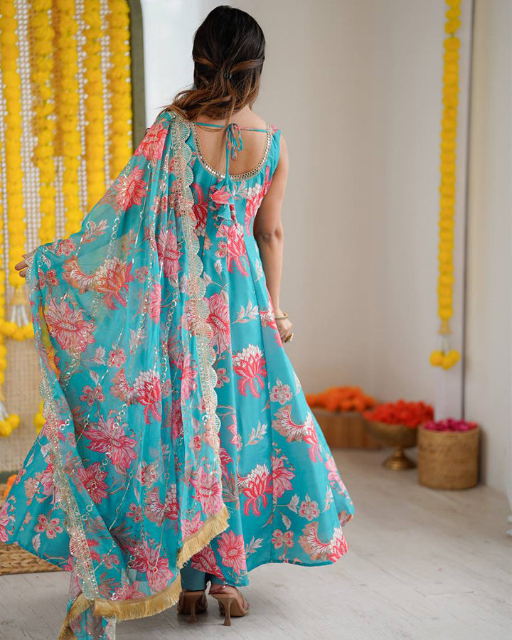 Turquoise Blue Color Muslin Cotton Printed Anarkali Suit