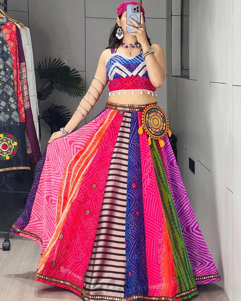 Multi Color Faux Georgette Printed Navratri Lehenga Set