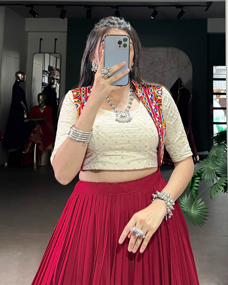Maroon Color Rayon Gamthi Style Navratri Lehenga Choli