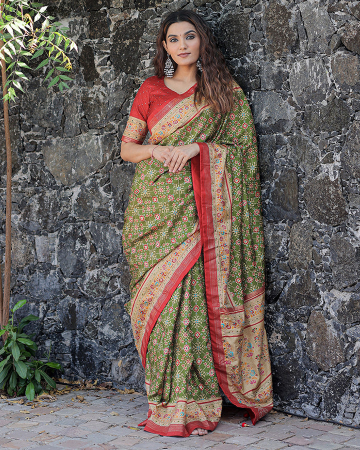 Mehndi Color Foil Print Stone Work Dola Silk Saree