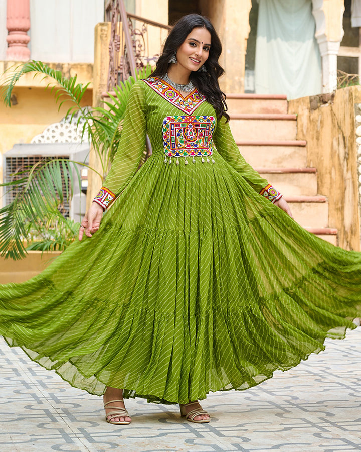 Designer Parrot Green Color Kutchi Embroidered Anarkali Gown