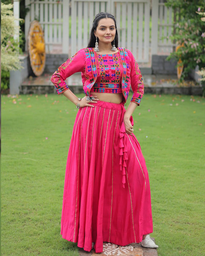 Pink Traditional Mirror Work Lehenga With Jacket Style Top